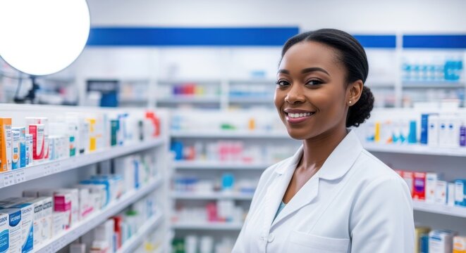 Smiling young african american woman pharmacist working in a drugstore, surrounded by shelves filled with various medicines and healthcare products, radiating confidence and expertise - Powered by Adobe