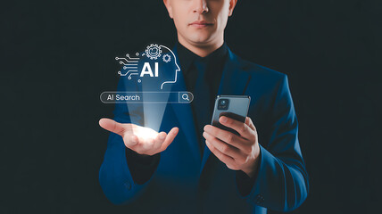Businessman holding smartphone and interacting with A I search interface dark blue suit artificial intelligence