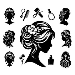 Silhouettes of women with various hairstyles and beauty tools in a black and white vector design © MS