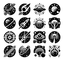 Collection of sixteen unique space themed icons featuring planets rockets and celestial objects in black