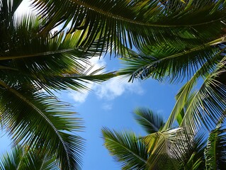 Obraz premium Looking Up Through Lush Green Palm Fronds at a Bright Blue Sky with White Clouds on a Sunny Day