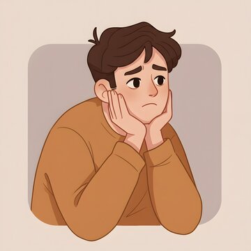 Illustration of a young man with brown hair looking sad, resting his chin on his hands.