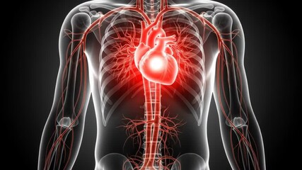 Vibrant 3D animation of the human heart and complete circulatory system pulsating within a transparent anatomical model