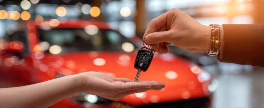 The keys to a new car being handed over in a dealership.