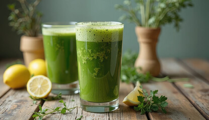 Fototapeta premium Fresh Green Smoothie in Glass, Healthy Drink Concept