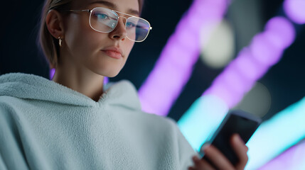 Digital lifestyle and innovation concept featuring glowing holograms, virtual economies, and metaverse technology as a user explores interconnected virtual worlds using a smartphone interface.

