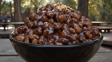 A bowl overflowing with chocolate covered nuts sits outside on a table