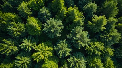 Fototapeta premium Aerial view of lush evergreen trees with varying shades of green, showcasing nature's beauty and tranquility.
