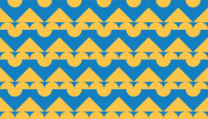 Seamless retro-style pattern with yellow geometric shapes over a blue background, forming repeating arcs and arrow-like structures