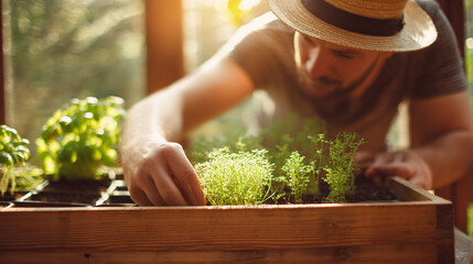 A gardener in a sunhat carefully tends to potted plants in a wooden planter box, surrounded by warm sunlight filtering through greenhouse glass.