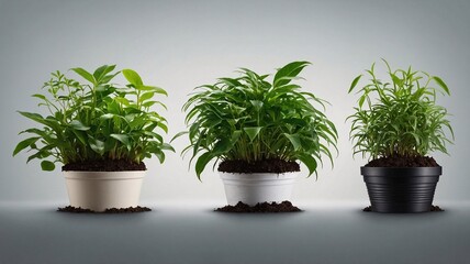 Fototapeta premium Three stylish potted plants in white, black, and neutral tones, showcasing vibrant green foliage and rich soil.