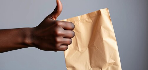 Dark-skinned hand holding paper bag, thumbs up,  worker,  business