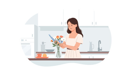 Woman Arranging Colorful Flowers in a Vase in Modern Kitchen
