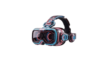 Futuristic virtual reality headset with a glowing cyberpunk design of neon red and blue lines, isolated on a white background.