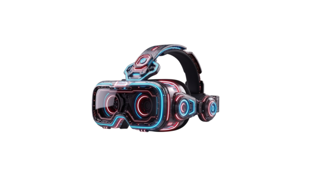 Futuristic virtual reality headset with a glowing cyberpunk design of neon red and blue lines, isolated on a white background.