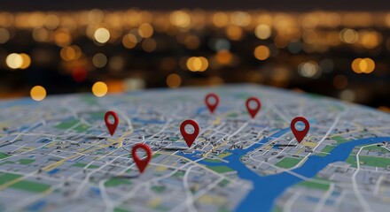 A map with multiple location pins indicating destinations in the city