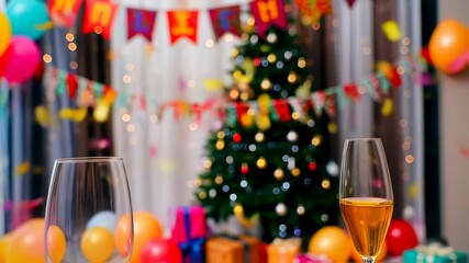 Festive celebration with champagne glasses and a blurry Christmas tree - Powered by Adobe