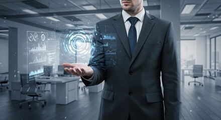 都会のビジネスマン クールな青色光 未来技術を掌に