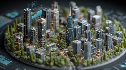 Smart city financial dashboard shows AI-powered market models, symbolizing future investment tools, automated forecasting, and urban economics managed via fintech AI