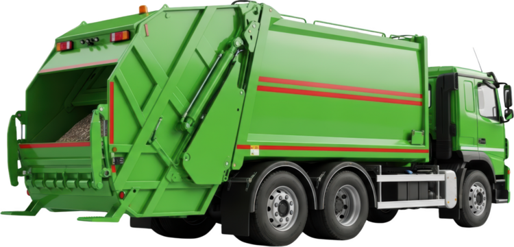 Bright green garbage truck with red stripes and detailed wheels refuse truck transparent background