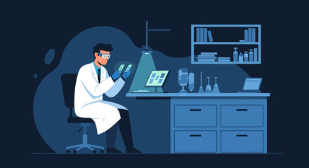 Scientist Inspecting Sample Data In Laboratory Medical Science Conceptual Illustration