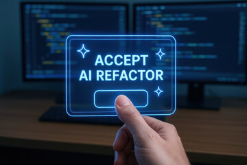 Accept AI refactor concept with software developer collaboration improving code on computer screen in dark office environment
