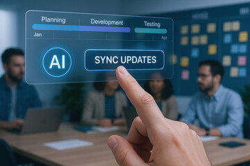 Fototapeta premium AI software developer collaboration concept with hand pointing on sync updates button during team meeting in office