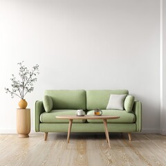 Light, airy living room with sage green sofa