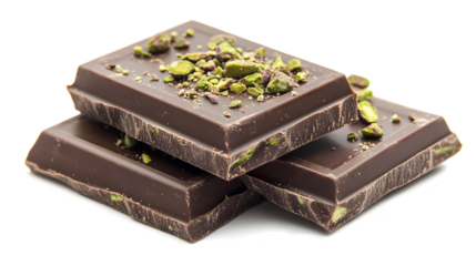 Three pieces of chocolate with nuts on top. The chocolate is dark and the nuts are green. Concept of indulgence and luxury