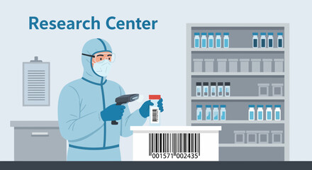 Scientist Scanning Barcode In A Research Laboratory With Protective Gear And Supplies