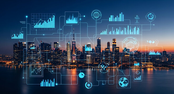 Futuristic Cityscape with Data Visualization Overlay at Night Representing Technology and Finance