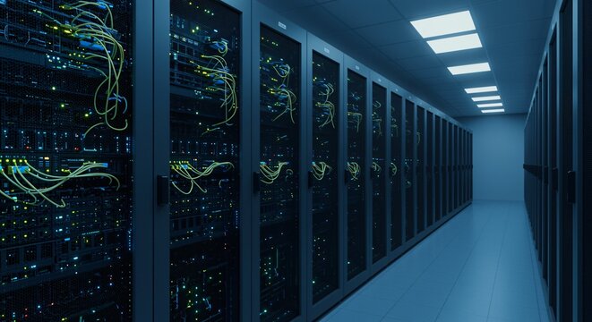 Data Center Server Room with Racks and Network Equipment