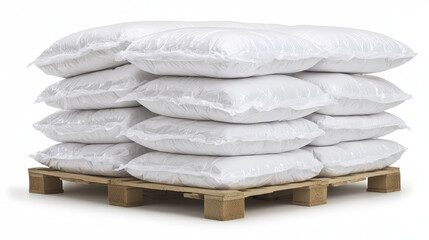 Stacked white bags on wooden pallet create neat and organized display, ideal for storage or shipping purposes