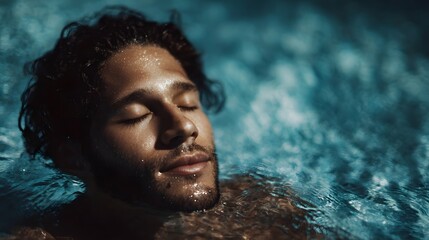 Person floating peacefully in a swimming pool eyes closed