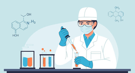 Scientist Working In A Lab With Pipette And Test Tubes Experiment Background