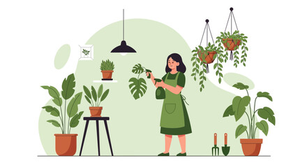 Woman Gardener Taking Care Of Potted Plants In An Indoor Environment