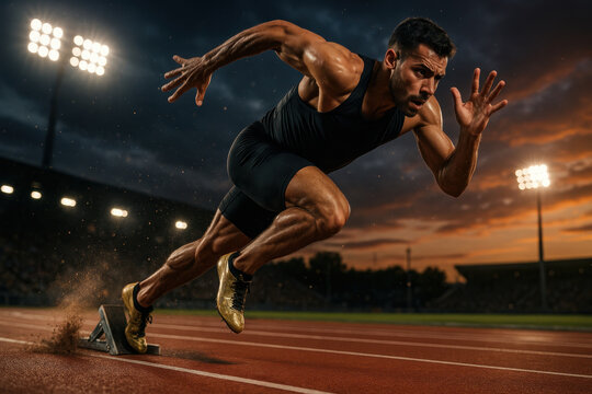 Photorealistic male sprinter exploding from blocks with sunset stadium lights and flying dust. Concept of explosive energy, determination, speed, and peak athletic performance.