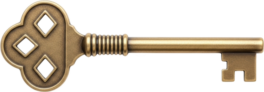 Antique ornate brass key with diamond shaped cutouts on bow isolate lock