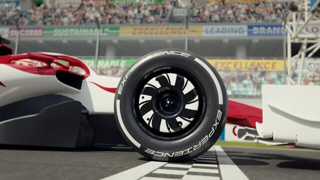 Close-up side view of a generic formula one race car driving across the finish line in slow motion. 3d animation rendering.
