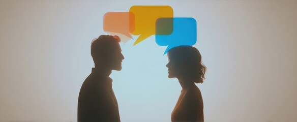 The silhouettes of a couple engaged in meaningful conversation with speech bubbles.