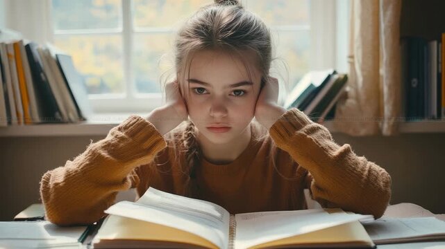 Young student covering her ears with her hands, trying to concentrate while studying at home, with books and notebooks on the desk and a window in the background
