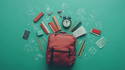 Red school backpack resting among vibrant school supplies on a green chalkboard filled with math formulas and creative drawings, highlighting a lively back to school theme - Powered by Adobe