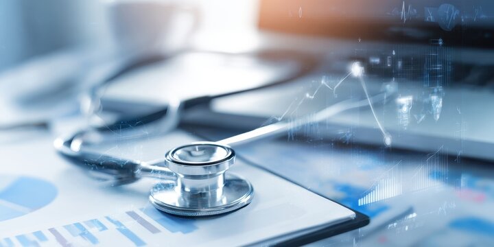 The stethoscope on medical documents with technology background and charts.