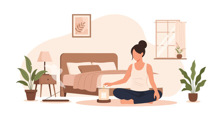 Woman Meditating At Home Lighting Aroma Candle In A Minimalist Bedroom