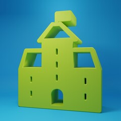 Green Castle icon isolated on blue background. Medieval fortress with a tower. Protection from enemies. Reliability and defense of the city. Minimalism concept. 3D render illustration