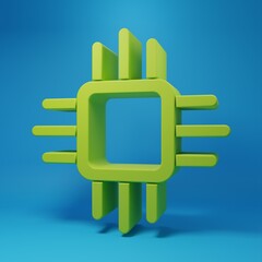 Green Computer processor with microcircuits CPU icon isolated on blue background. Chip or cpu with...