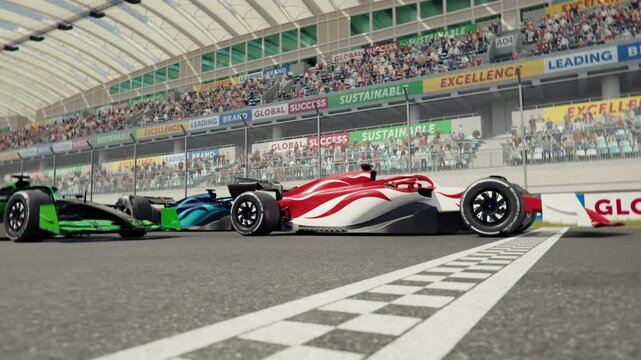 Side view of three generic formula one race cars driving across the finish line in slow motion. 3d animation rendering.