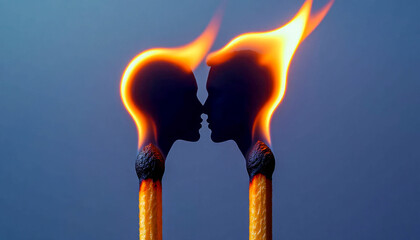 Two burning matches with flames resembling human profiles facing each other against a dark background under studio lighting
