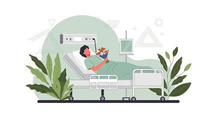 Obraz premium Patient Receiving Flowers While Recovering In Hospital Bed Concept Illustration