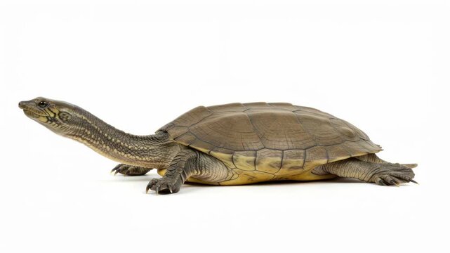 Ten long necked turtles in perfect alignment over a pure white background, showcasing reptilian